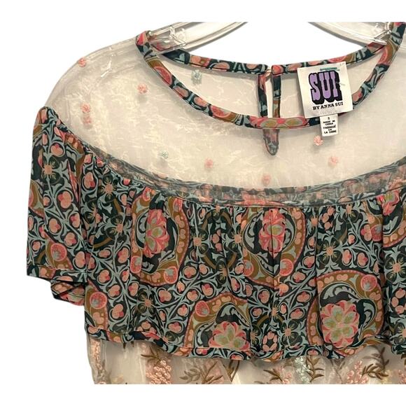 SUI by Anna Sui Sheer Embroidered Flounce Top Womens Small Floral Prairie Blouse - Picture 2 of 6